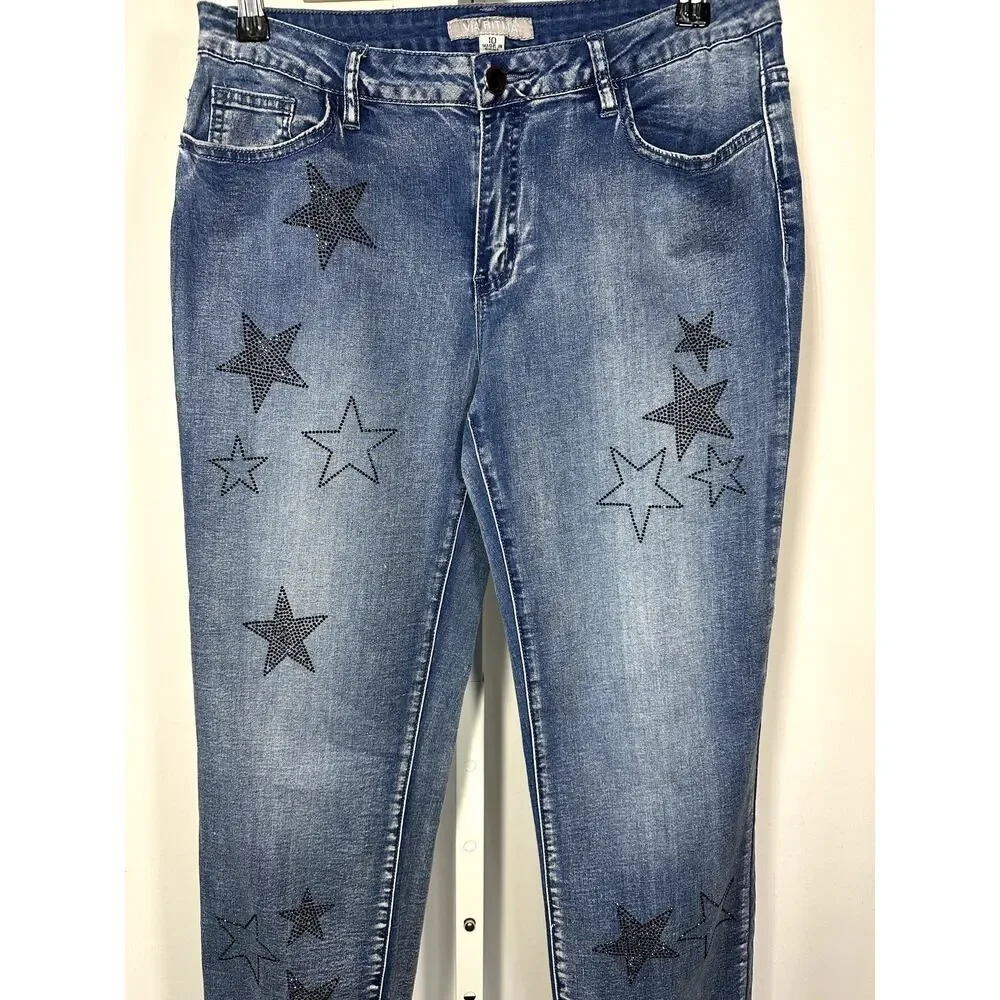 VIA RITINA Women's Denim Rhinestone Star Skinny Jeans Blue Size 10